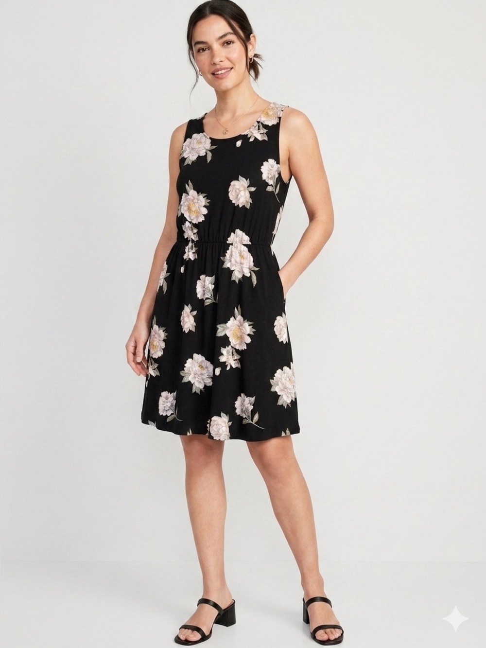 French Grey Black Midi Dress with Pink Floral Print